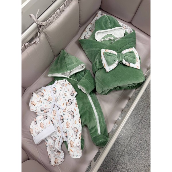 Комплект на выписку из роддома 6 предметов Bunnyphant цвет: оливковый + зайки и слоники 0321