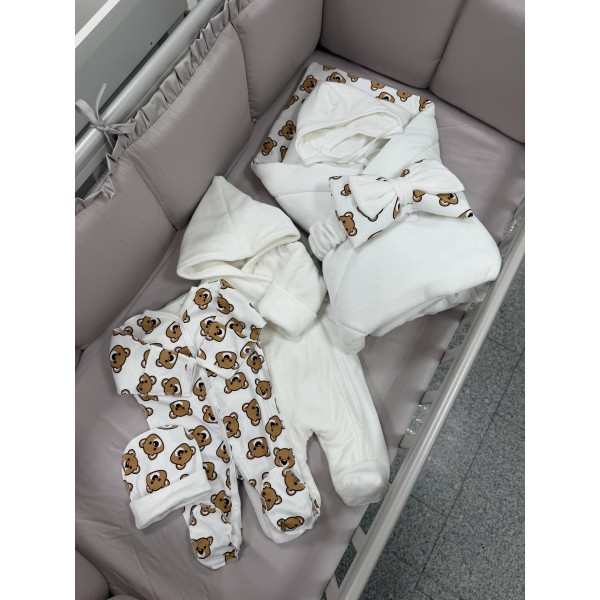 Комплект на выписку из роддома 6 предметов Bunnyphant цвет: молочный + мишки шоколадные 0321