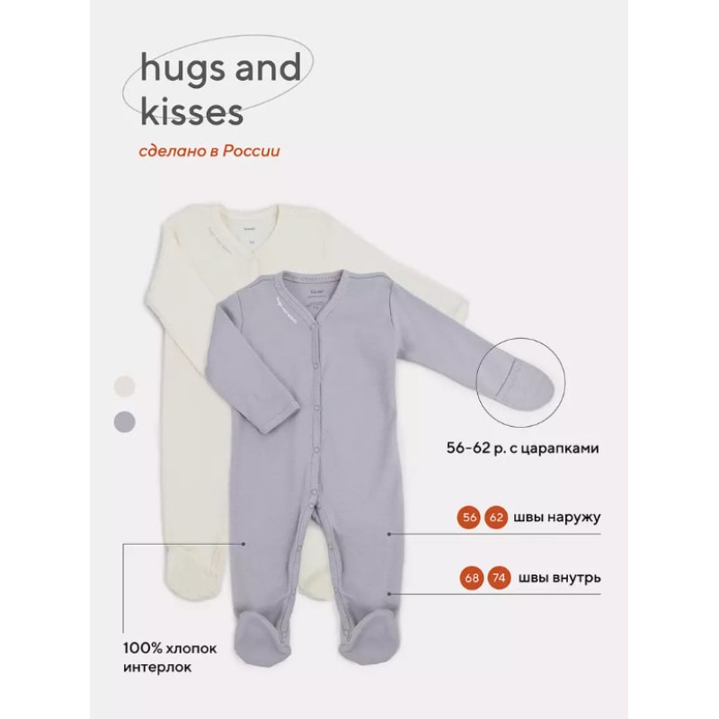 Комбинезон на кнопках Rant Hugs and Kisses 62 см 2 шт arctic grey 1672-62