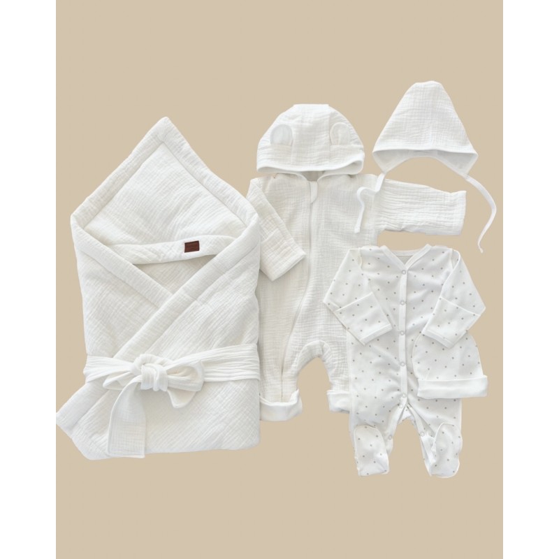 Муслиновый комплект на выписку и прогулки 6 предметов цвет: молочный 0317