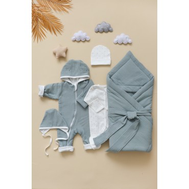 Муслиновый комплект на выписку и прогулки 6 предметов цвет: морская волна 0317