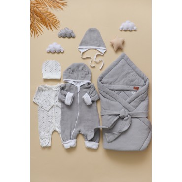 Муслиновый комплект на выписку и прогулки 6 предметов цвет: серый 0317