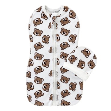 Пеленка-кокон на молнии с шапочкой 62-68 см принт: мишки Teddy шоколадные Т-007