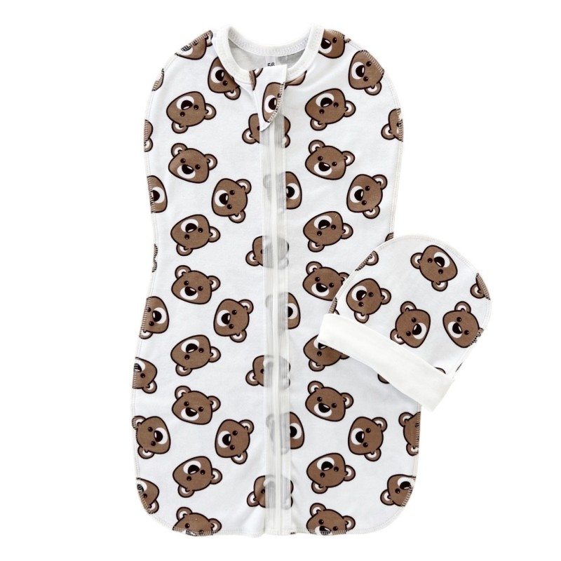 Пеленка-кокон на молнии с шапочкой 62-68 см принт: мишки Teddy шоколадные Т-007