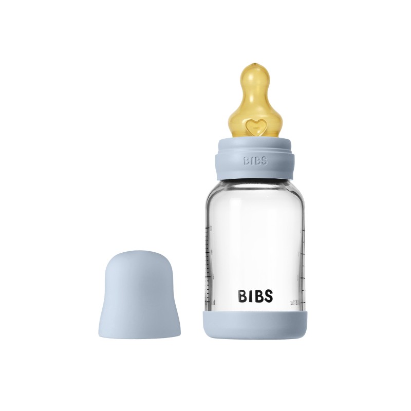 Стеклянная бутылочка Bibs 120 мл с латексной соской цвет: baby blue