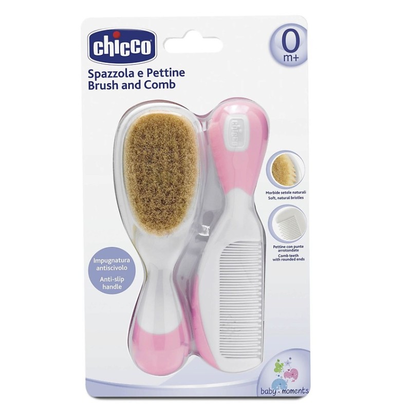 Расческа и щетка для волос с натуральной щетиной Chicco 0м+ цвет: Pink/розовый