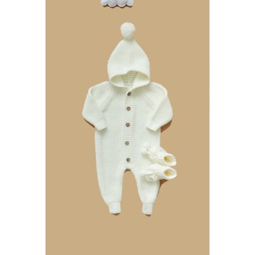 Вязаный детский комбинезон с капюшоном 56-68 см цвет: молочный В064