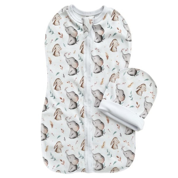 Пеленка-кокон на молнии с шапочкой 68-74 см принт: слоники и зайки Т-007