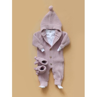 Вязаный детский комбинезон с капюшоном 56-68 см цвет: сиреневый В064