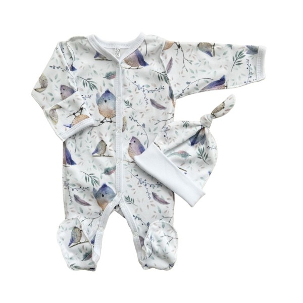 Комплект: Слип на кнопках + шапочка-узелок со швами наружу 50 см Newborn  "Птички" Т-097