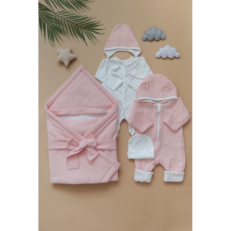 Муслиновый комплект на выписку и прогулки 6 предметов цвет: розовый 0317
