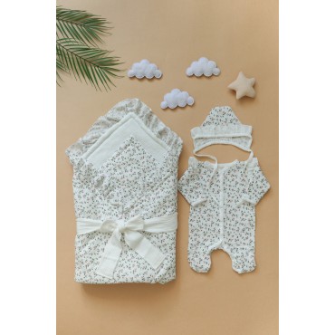 Муслиновый комплект на выписку и прогулки 4 предмета цвет: розочки 0404/молочно-зеленый