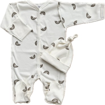 Комплект: Слип на кнопках + шапочка-узелок со швами наружу 50 см Newborn " Радуги монохром" Т-097