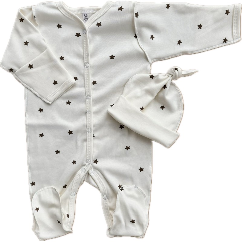 Комплект: Слип на кнопках + шапочка-узелок со швами наружу 56-62 см " Звездочки монохром " Т-097