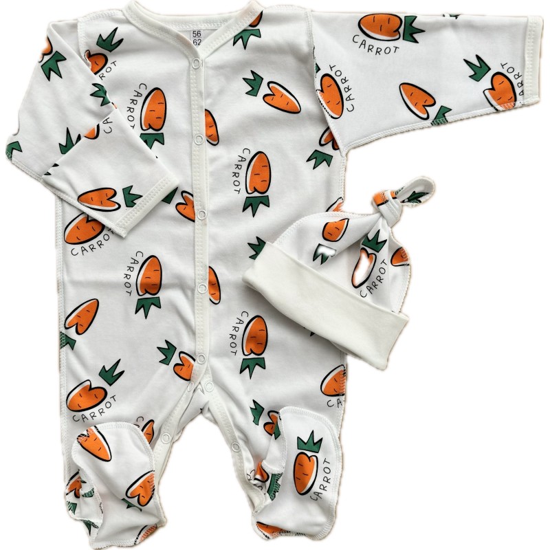 Комплект: Слип на кнопках + шапочка-узелок со швами наружу 56-62 см " Морковки Carrot " Т-097