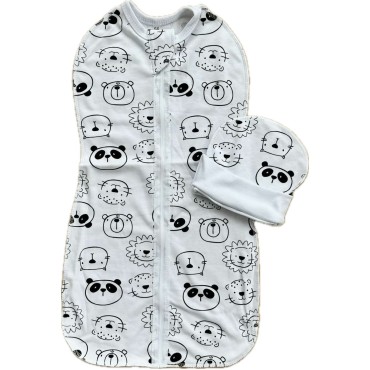 Пеленка-кокон на молнии с шапочкой 56-62 см принт: пандочки и львята Т-007