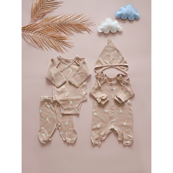 Комплект для малыша 4 предмета 50-56 см цвет: гуси на капучино Т-231