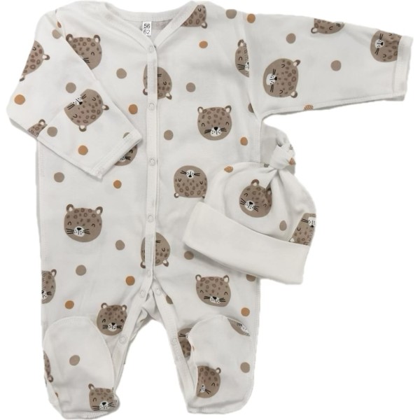 Комплект: Слип на кнопках + шапочка-узелок со швами наружу 56-62 см "Леопарды " Т-097