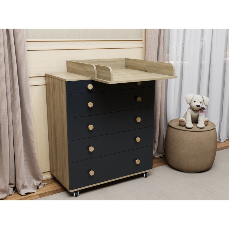 Комод пеленальный Lunna Teddy Lite с колесами на 5 ящиков + пеленальная зона цвет: дуб/графит