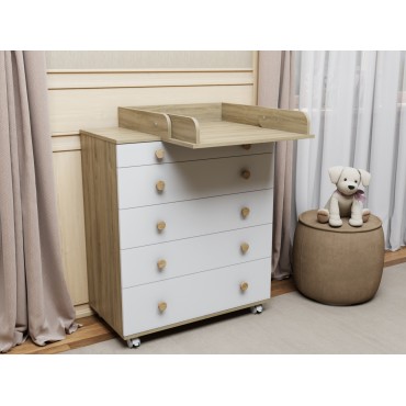 Комод пеленальный Lunna Teddy Lite с колесами на 5 ящиков + пеленальная зона цвет: дуб/белый