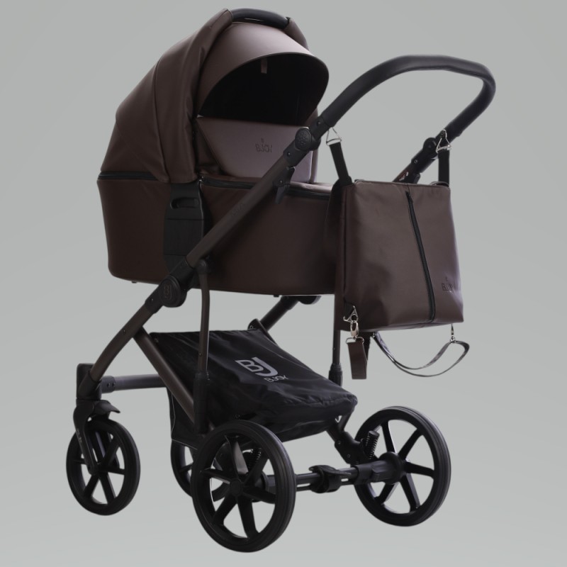 Коляска детская 2 в 1 Bjoy Mia кожа цвет: темный шоколад на шоколадной раме 12