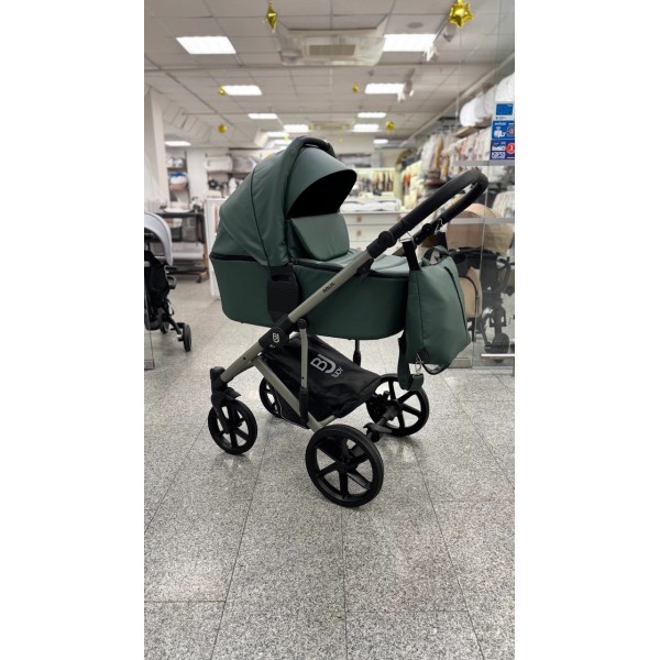 Коляска детская 2 в 1 Bjoy Mia кожа цвет: зеленая на оливковой раме 06