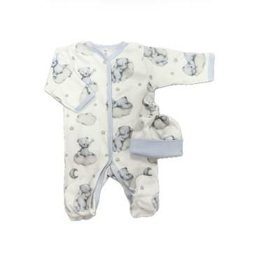 Комплект: Слип на кнопках + шапочка-узелок со швами наружу 56-62 см "Мишки на облаках " Т-097