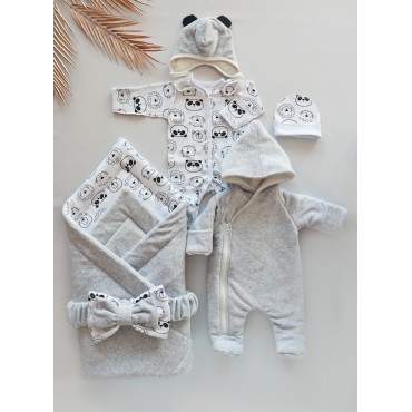 Комплект на выписку из роддома 6 предметов Bunnyphant цвет: серый + пандочки и львята 0321