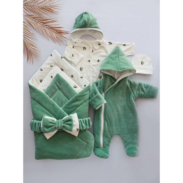 Комплект на выписку из роддома 6 предметов Bunnyphant цвет: оливковый + оливки 0321