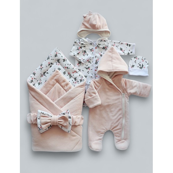 Комплект на выписку из роддома 6 предметов Bunnyphant цвет: пудровый + цветочки 0321