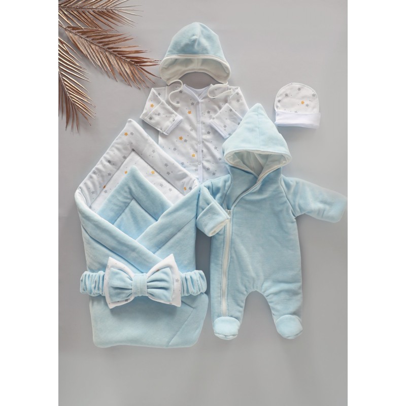 Комплект на выписку из роддома 6 предметов Bunnyphant цвет: голубой + серо-желтые звездочки 0321