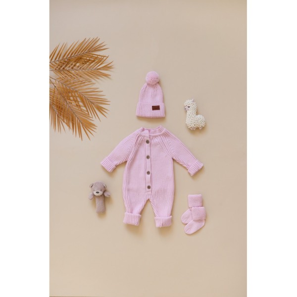 Детский вязаный набор: комбинезон +шапочка+носочки 56-68 см цвет: розовый В059