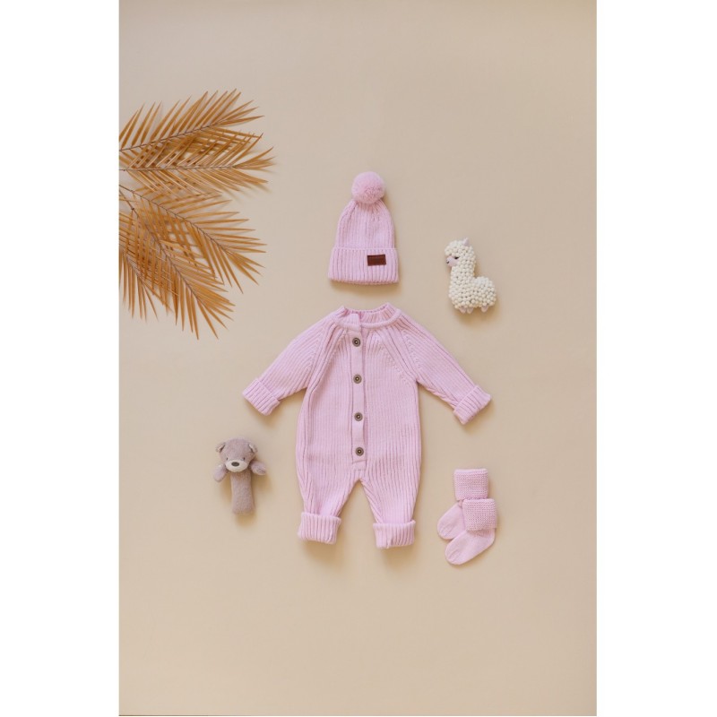Детский вязаный набор: комбинезон +шапочка+носочки 56-68 см цвет: розовый В059
