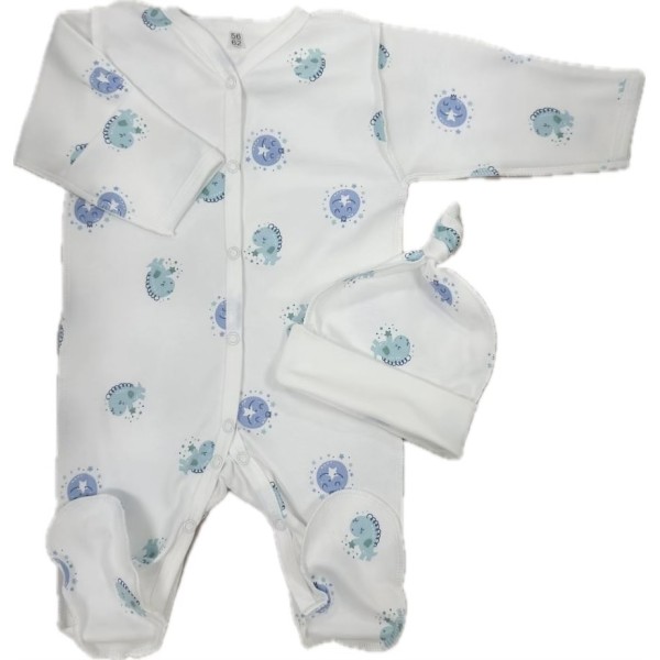 Комплект: Слип на кнопках + шапочка-узелок со швами наружу 50 см Newborn  "Дино и луна" Т-097