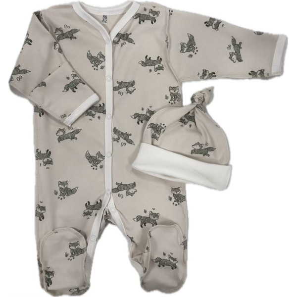 Комплект: Слип на кнопках + шапочка-узелок со швами наружу 50 см Newborn  "Лисички" Т-097