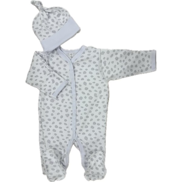Комплект: Слип на кнопках + шапочка-узелок со швами наружу 50 см Newborn  "Пятнышки серые маленькие" Т-097