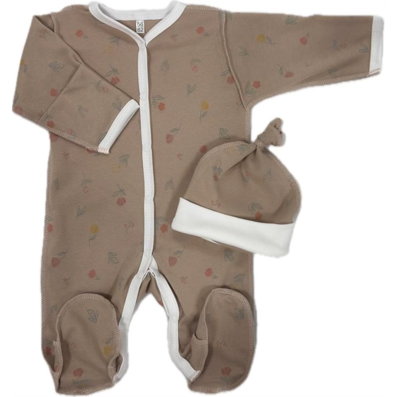 Комплект: Слип на кнопках + шапочка-узелок со швами наружу 50 см Newborn  "Цветы на капучино" Т-097