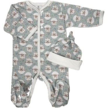 Комплект: Слип на кнопках + шапочка-узелок со швами наружу 50 см Newborn  "Барашки на ментол" Т-097