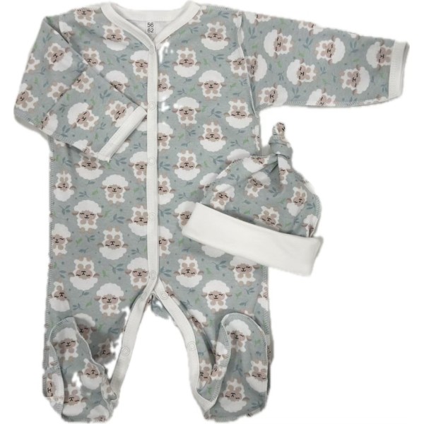 Комплект: Слип на кнопках + шапочка-узелок со швами наружу 50 см Newborn  "Барашки на ментол" Т-097