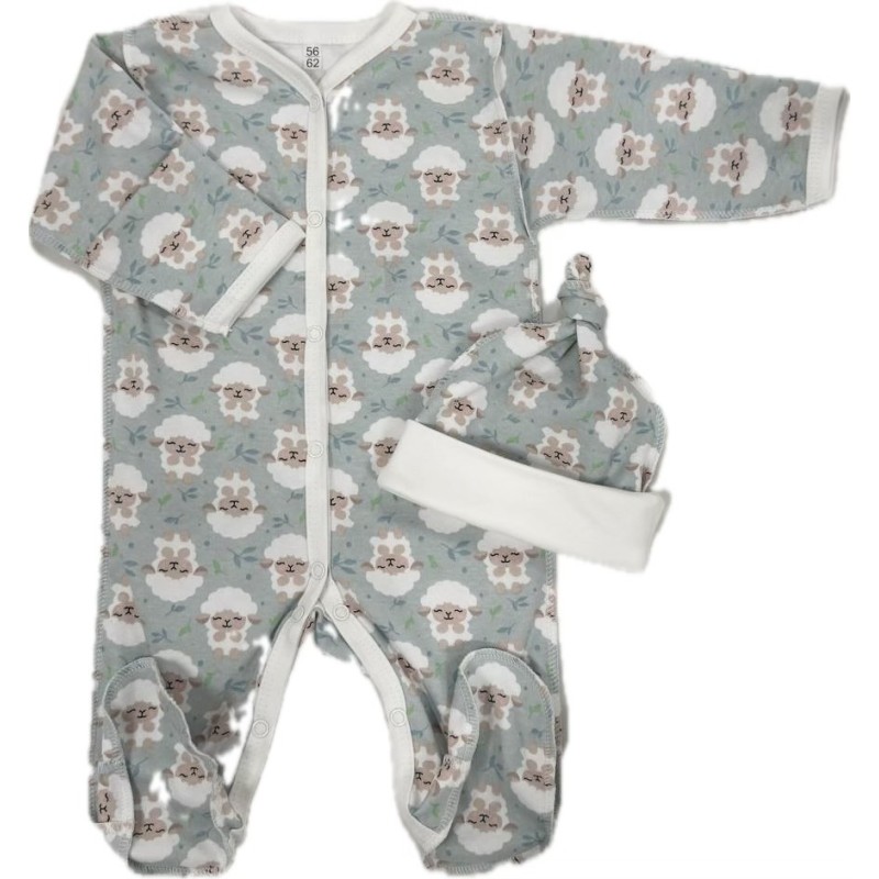 Комплект: Слип на кнопках + шапочка-узелок со швами наружу 50 см Newborn  "Барашки на ментол" Т-097