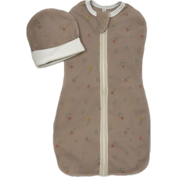 Пеленка-кокон на молнии с шапочкой 56-62 см принт: цветы на капучино Т-007