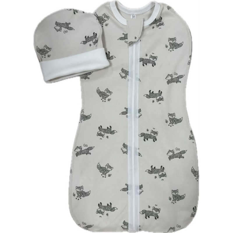Пеленка-кокон на молнии с шапочкой 56-62 см принт: лисички Т-007