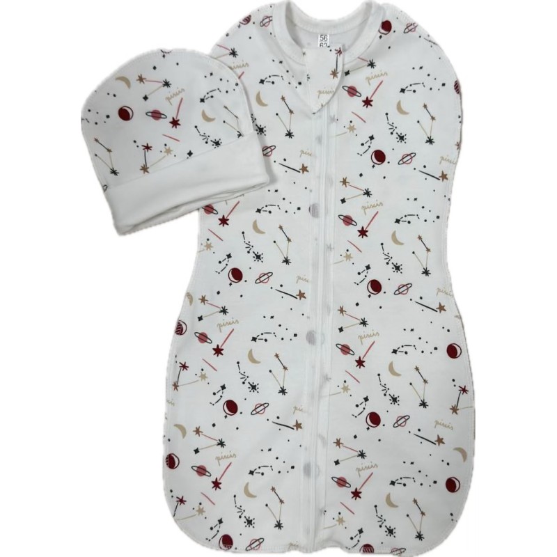 Пеленка-кокон на молнии с шапочкой 56-62 см принт: созвездия Т-007