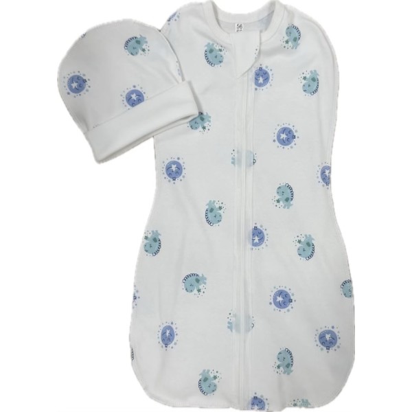 Пеленка-кокон на молнии с шапочкой 56-62 см принт: дино и луна Т-007