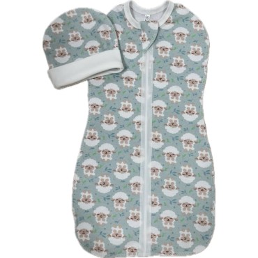 Пеленка-кокон на молнии с шапочкой 56-62 см принт: барашки на ментол Т-007