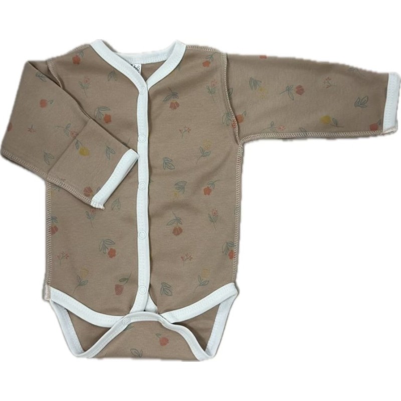 Боди с длинным рукавом на кнопках 56-62 см принт: цветы на капучино Т-131