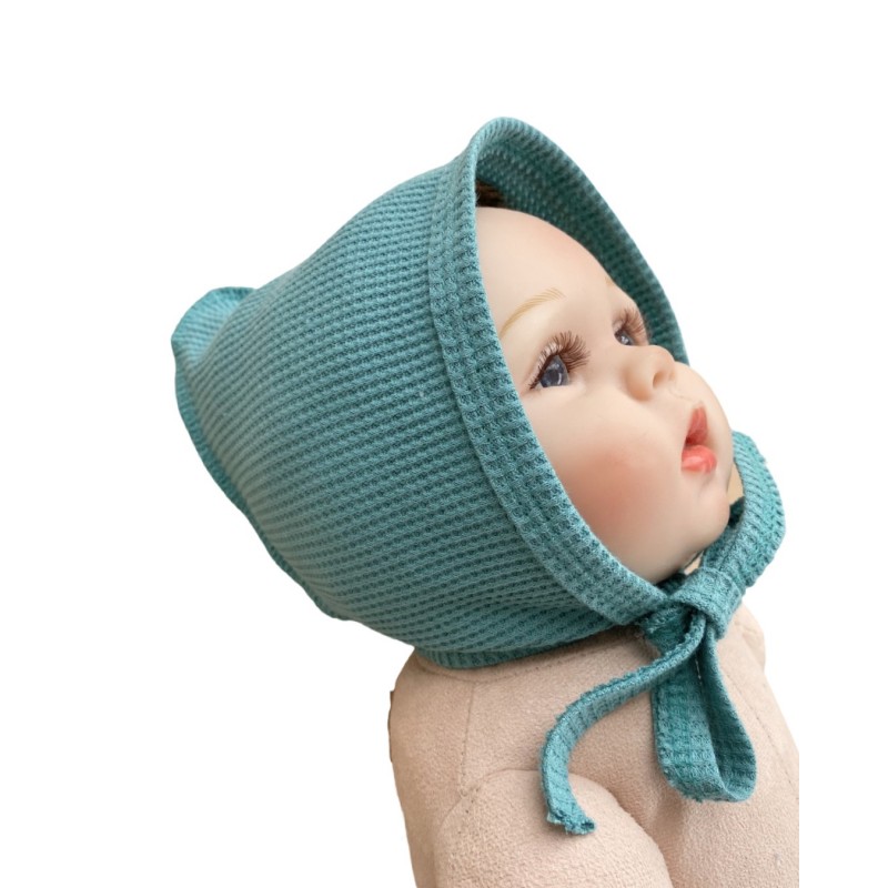 Чепчик на завязках из вафельного трикотажа 40-42 см цвет: тиффани Т-164/ВЗ Чепчик на завязках из вафельного трикотажа 40-42 см цвет: тиффани Т-164/ВЗ