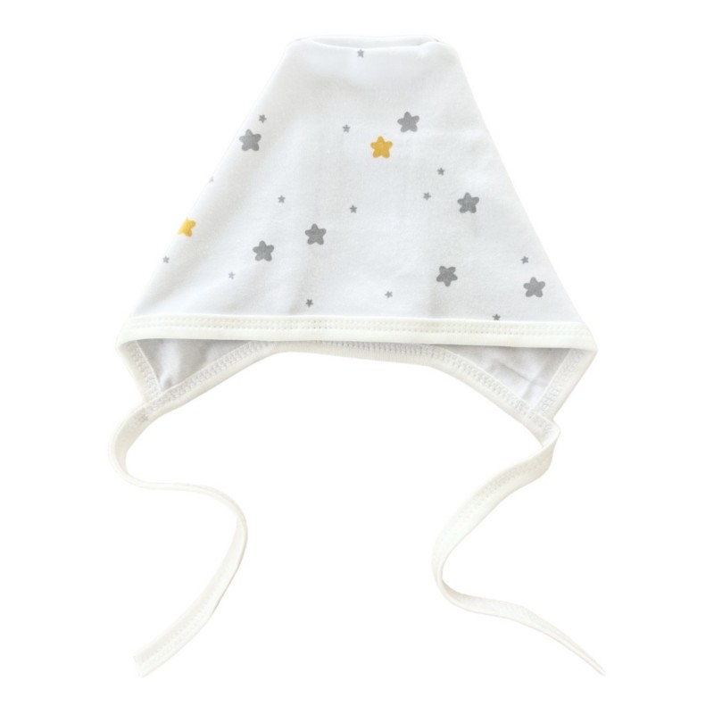 Чепчик с завязками и швами наружу 0-3 месяца принт: серо-желтые звездочки Т-130