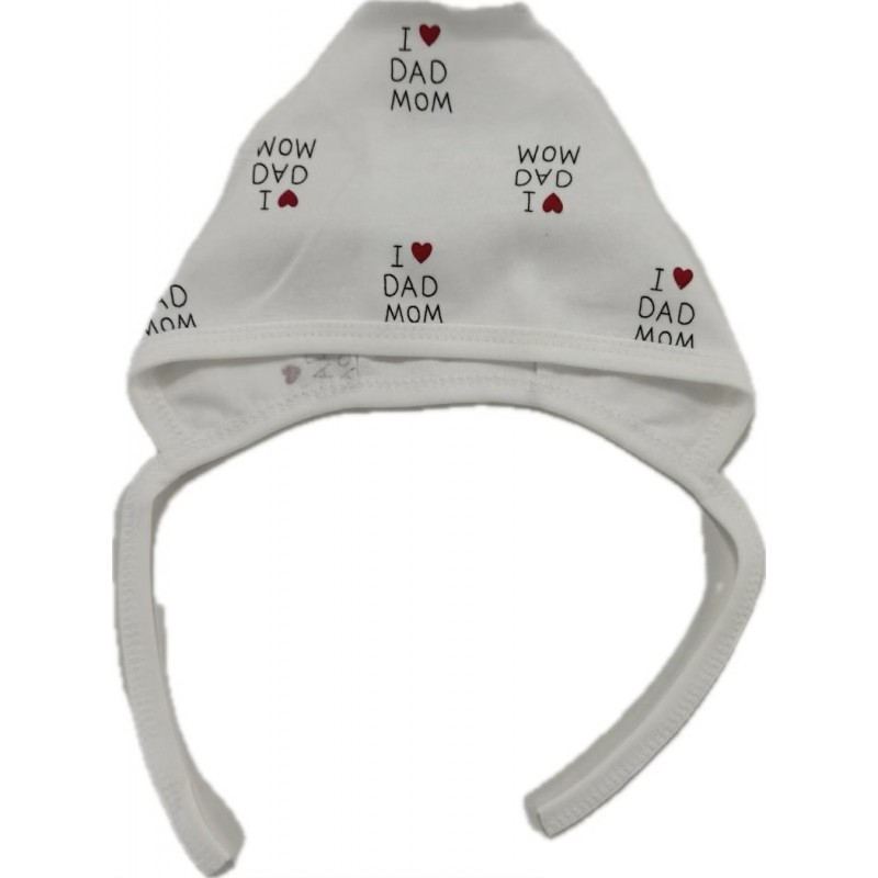 Чепчик с завязками и швами наружу 0-3 месяца принт: I love Mom&Dad Т-130 Чепчик с завязками и швами наружу 0-3 месяца принт: I love Mom&Dad Т-130