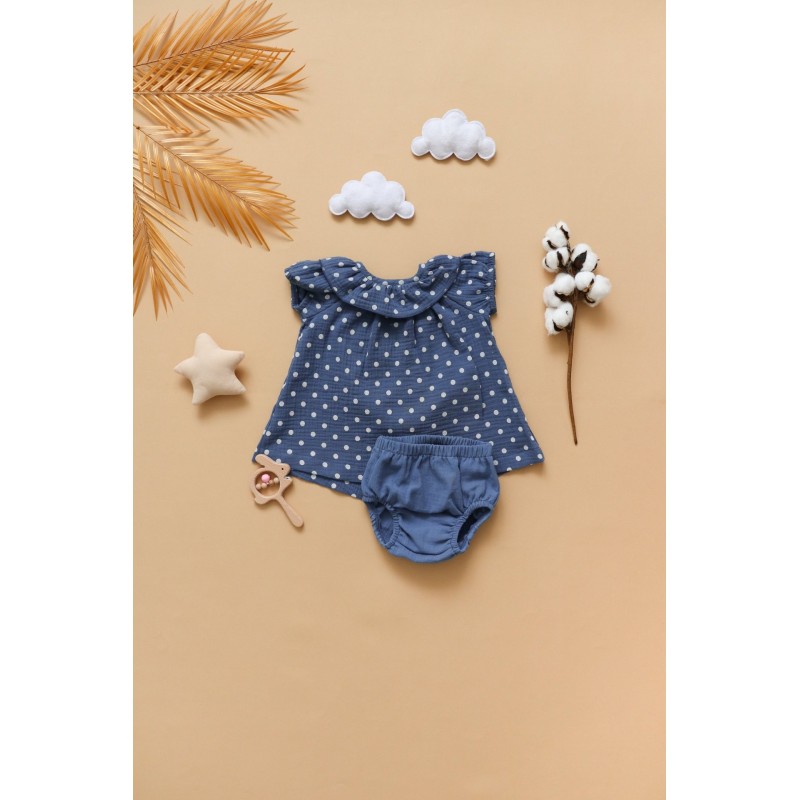 Муслиновое платье-распашонка + трусики 62 см цвет: синий в горох М-002 Муслиновое платье-распашонка + трусики 62 см цвет: синий в горох М-002